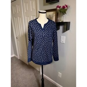 Navy Blue Polka Dot Loungewear Pajama Sweatshirt Long Sleeve Pocket Top Medium